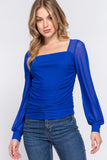 ACTIVE BASIC Square Neck Mesh Long Sleeve Shirring Top