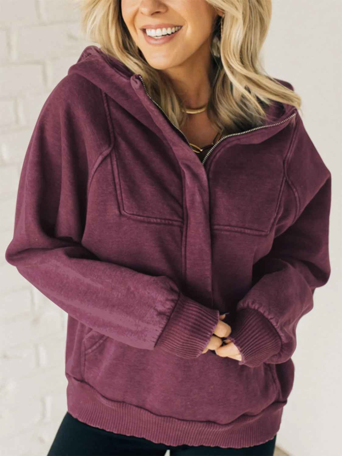 Half Zip Kangaroo Pocket Long Sleeve Hoodie