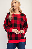 Celeste Full Size High-Low Plaid Round Neck Sweatshirt