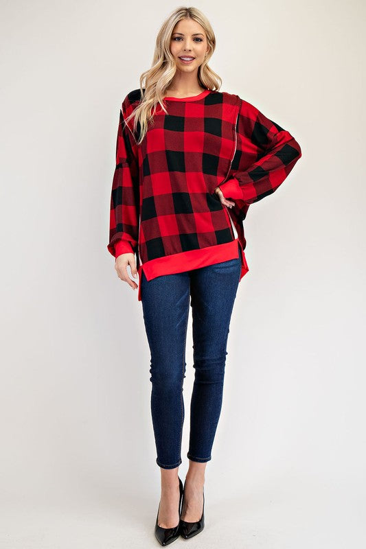 Celeste Full Size High-Low Plaid Round Neck Sweatshirt