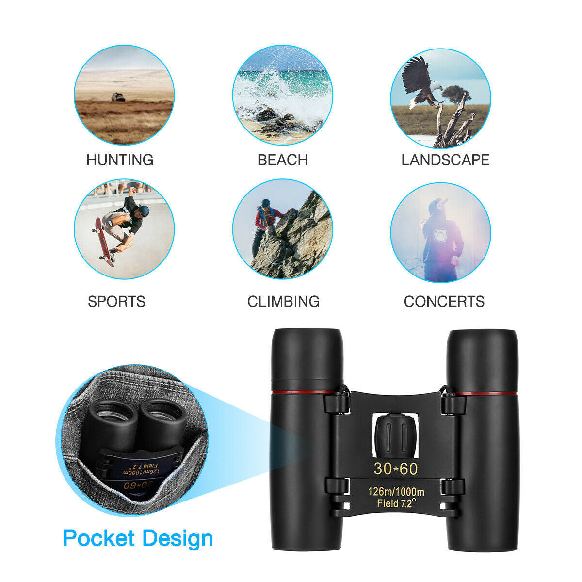 30x60 Compact Folding Binoculars for Travel & Outdoor