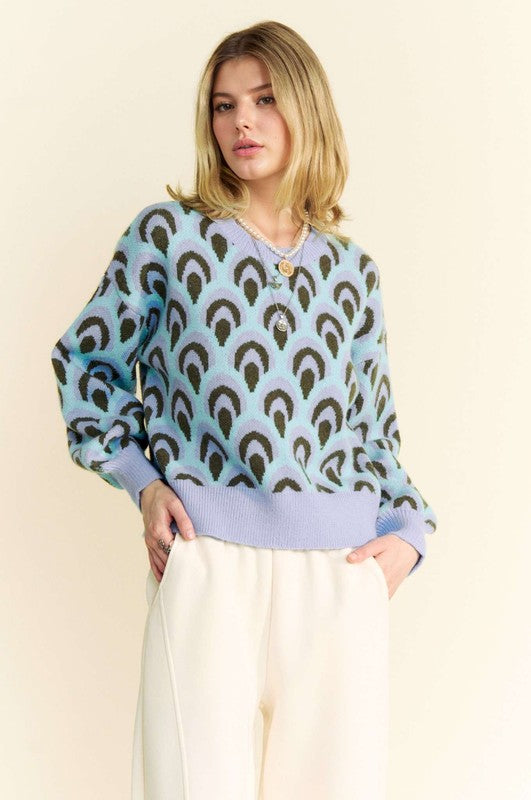 Davi & Dani Scale Jacquard Round Neck Drop Shoulder Sweater