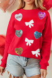 Valentine’s Day Sequin Bow Heart Round Neck Sweatshirt