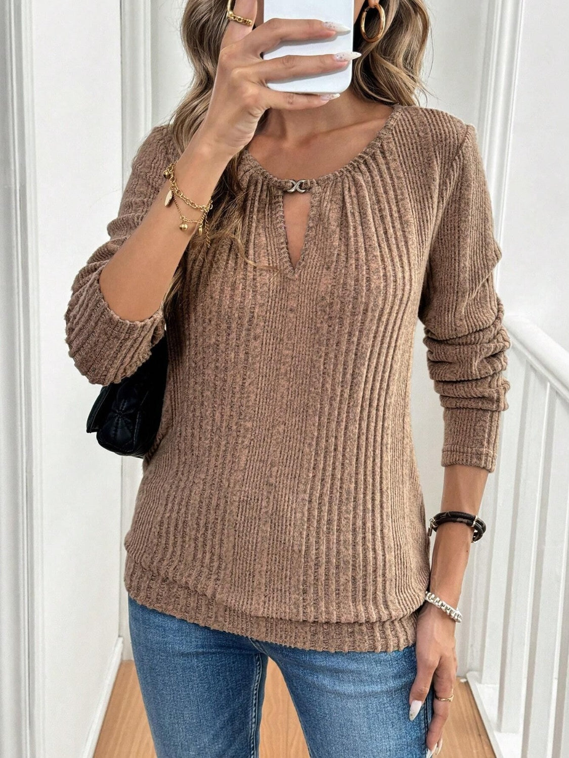 Cutout Round Neck Long Sleeve T-Shirt