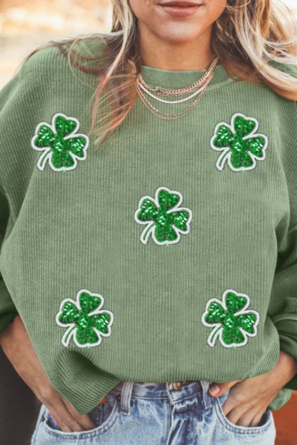 Sequin Lucky Clover Round Neck Long Sleeve Sweatshirt