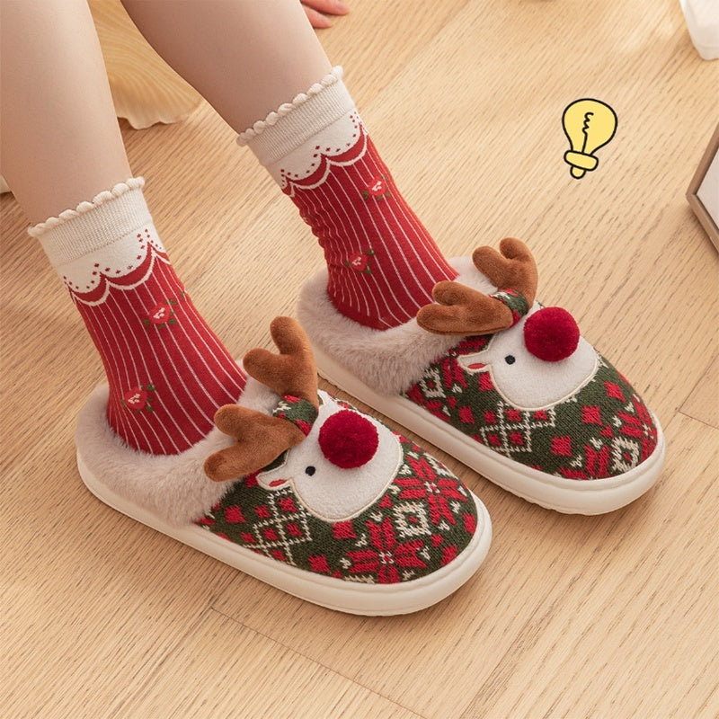 Cute Christmas Elk Plush Slippers - Cozy Winter Non-Slip House Shoes