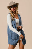 BiBi Braided Trim Open Front Denim Vest with Pockets