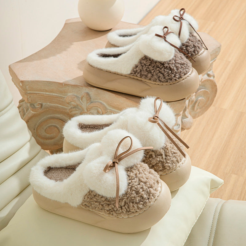 Non-Slip Plus Velvet Platform Bow Slippers for Women