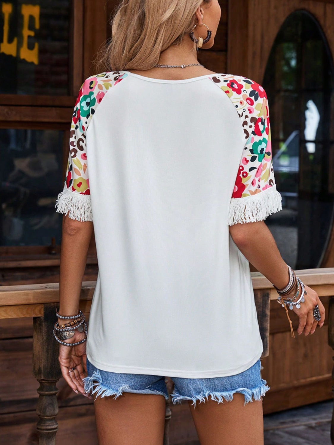 Fringe Round Neck Floral Half Sleeve T-Shirt