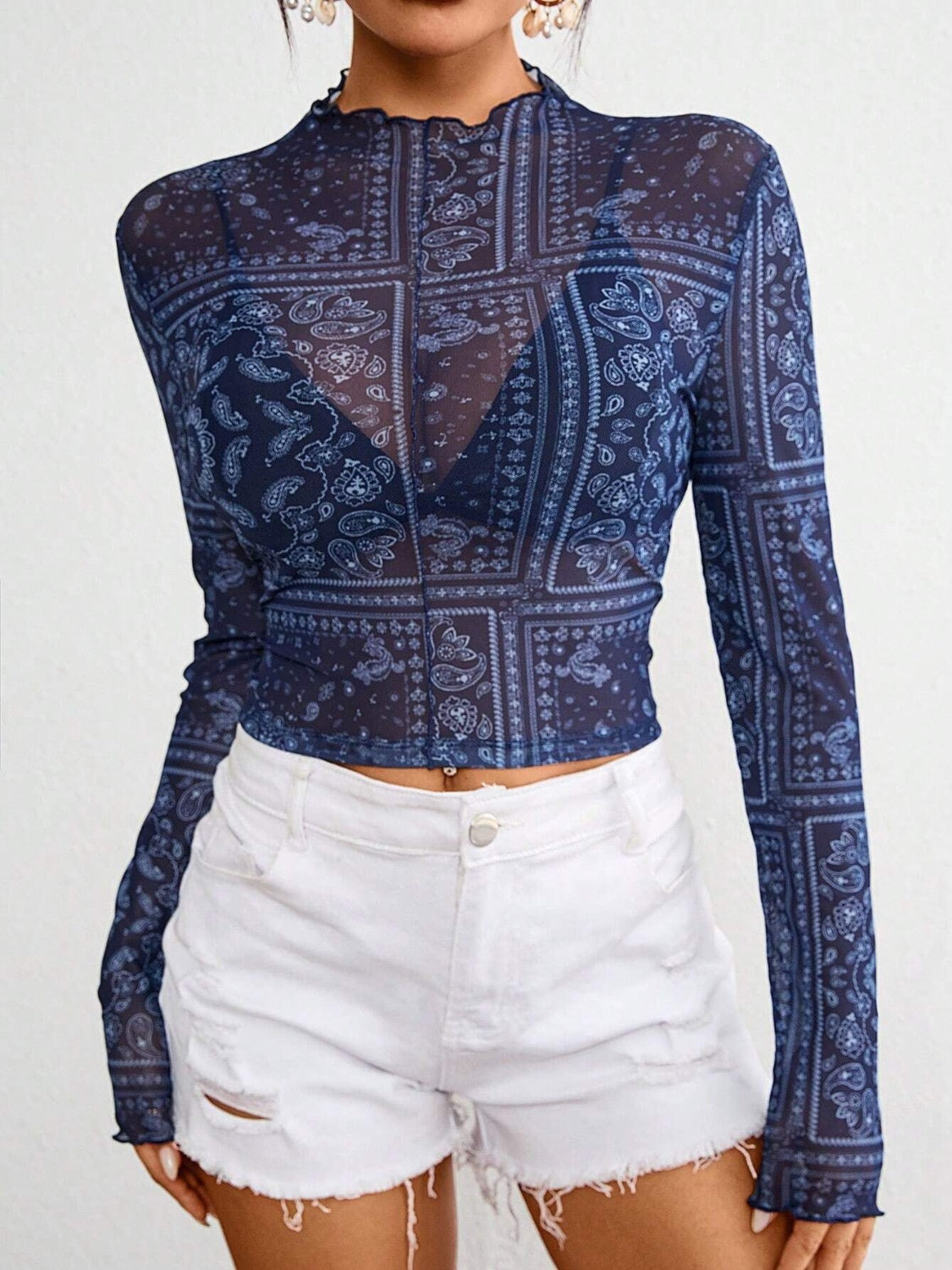 Paisley Mock Neck Long Sleeve Sheer Top