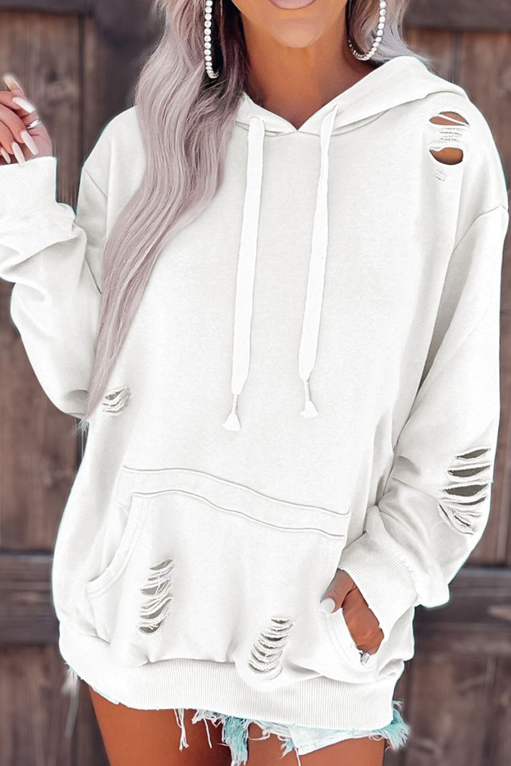 Distressed Drawstring Long Sleeve Hoodie