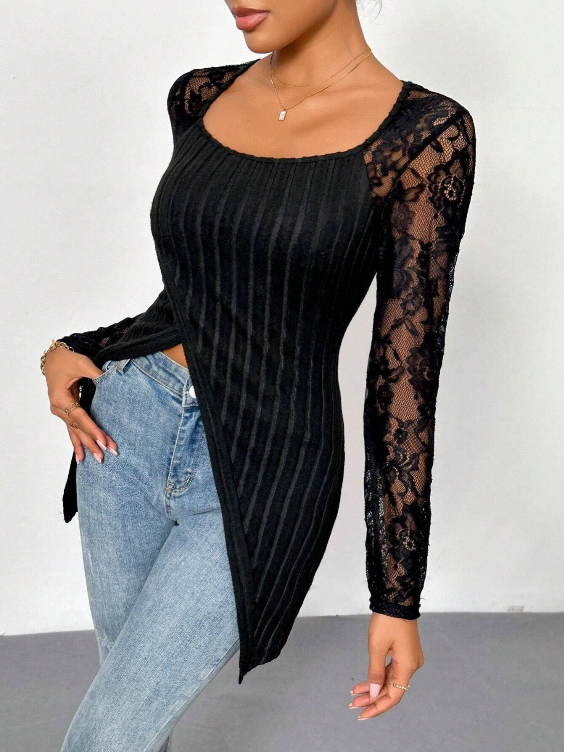 Square Neck Lace Patchwork Long Sleeve T-Shirt