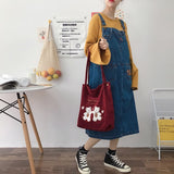 Corduroy Shoulder Bag with Bear Embroidery