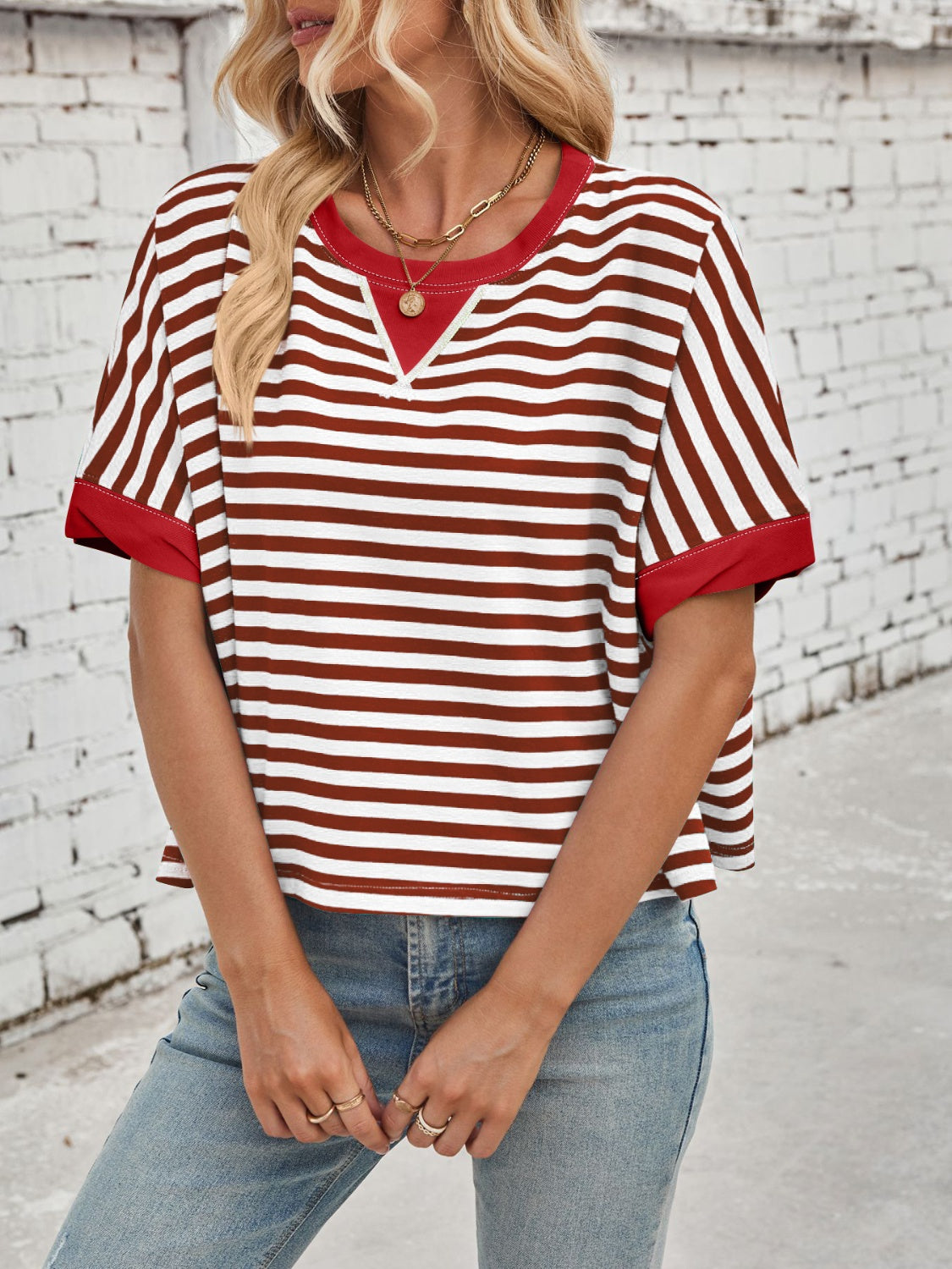 Lovelet Striped Round Neck Short Sleeve T-Shirt