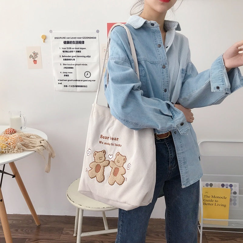 Corduroy Shoulder Bag with Bear Embroidery