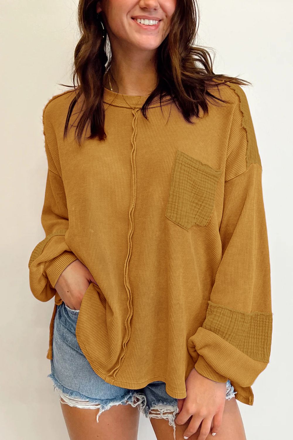 Exposed Seam Round Neck Long Sleeve Sweatshirt