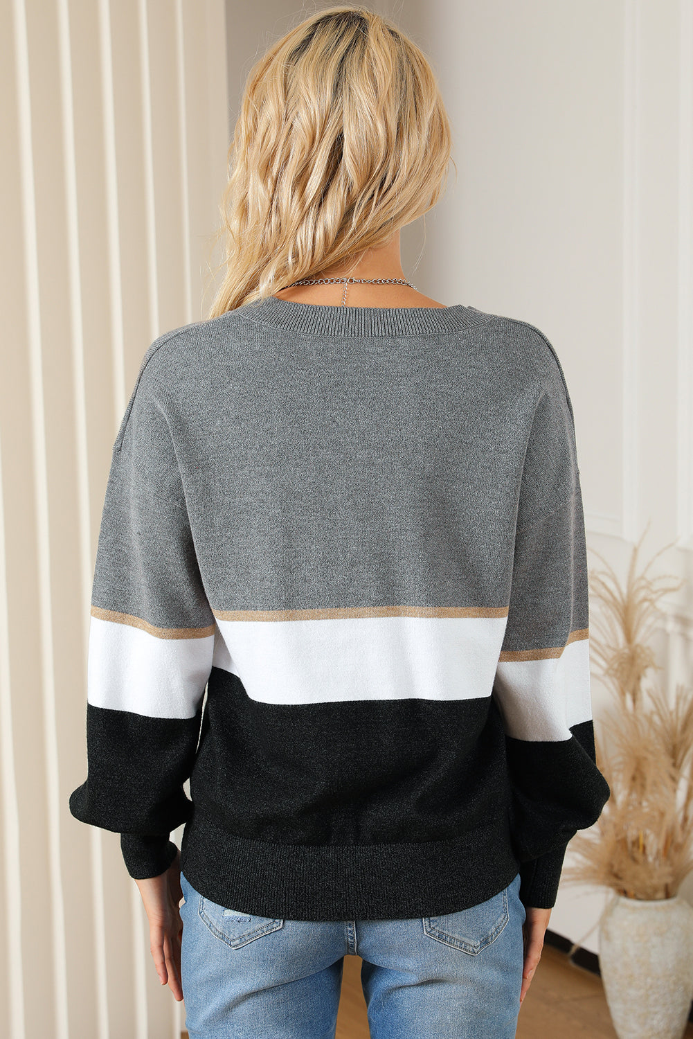 Color Block V Neck Long Sleeve Sweater