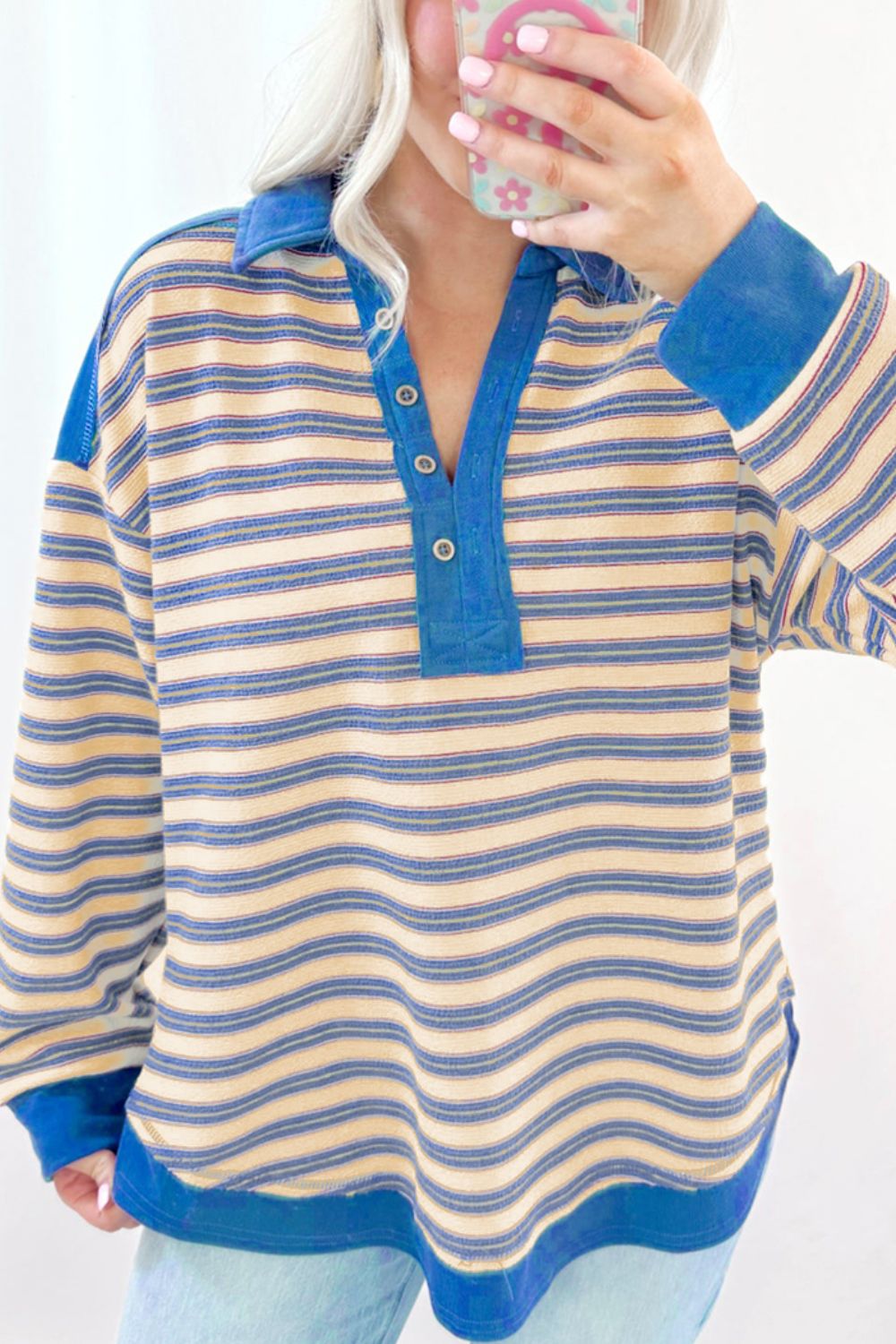 Striped Johnny Collar Long Sleeve Sweatshirt