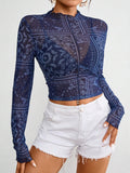 Paisley Mock Neck Long Sleeve Sheer Top