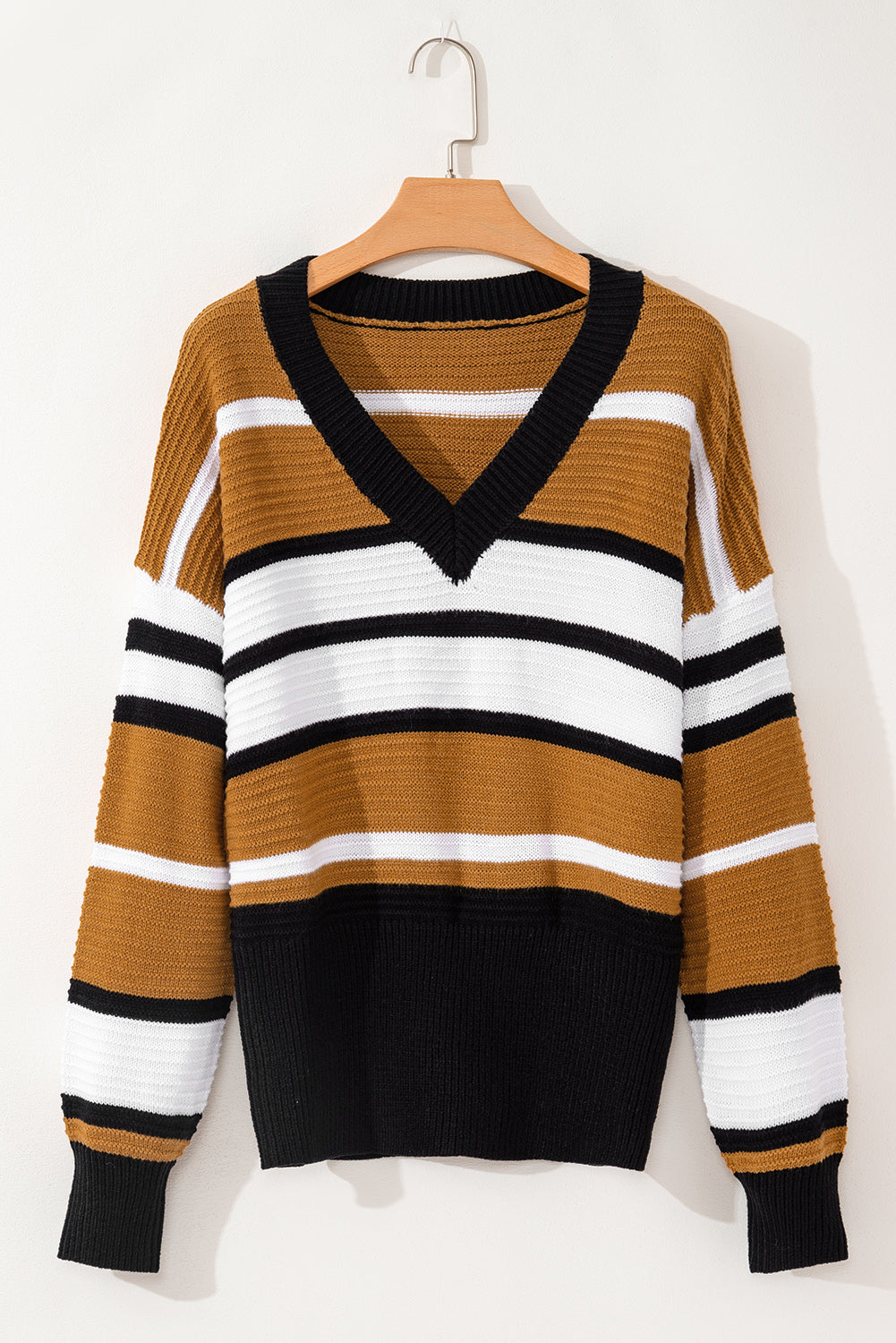 Contrast Stripes V Neck Long Sleeve Sweater