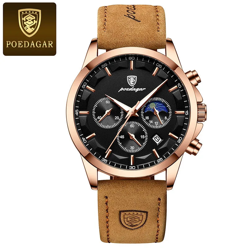 POEDAGAR Men's Luminous Moon Phase Quartz Watch