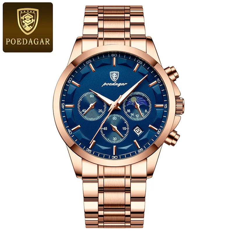 POEDAGAR Men's Luminous Moon Phase Quartz Watch