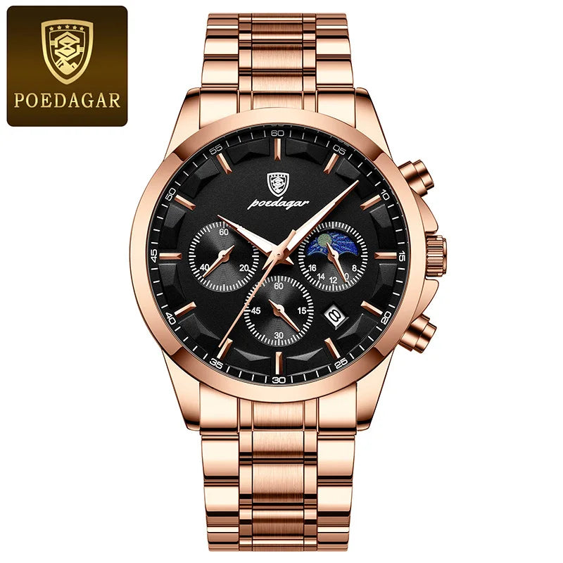 POEDAGAR Men's Luminous Moon Phase Quartz Watch