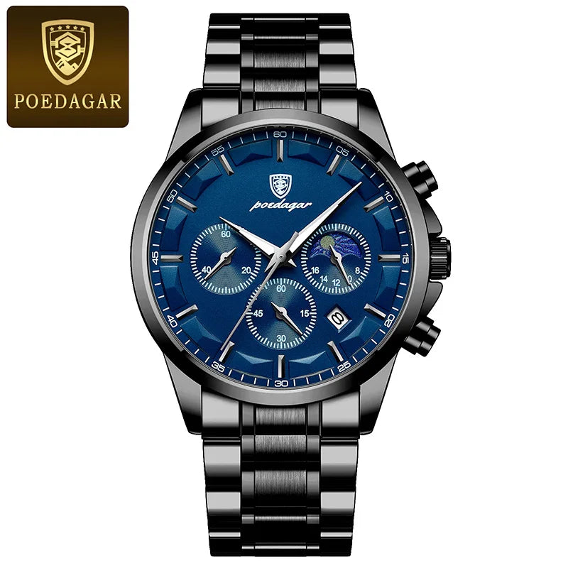 POEDAGAR Men's Luminous Moon Phase Quartz Watch