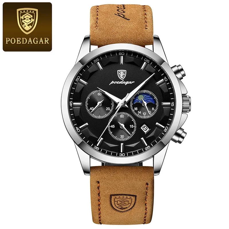 POEDAGAR Men's Luminous Moon Phase Quartz Watch