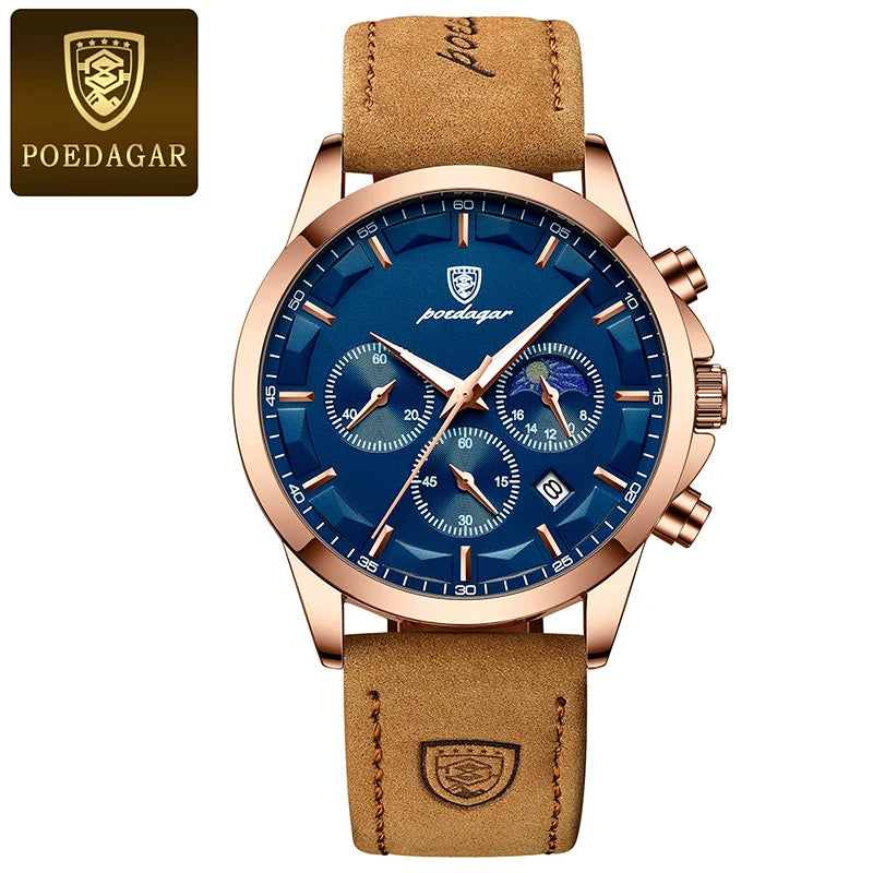 POEDAGAR Men's Luminous Moon Phase Quartz Watch