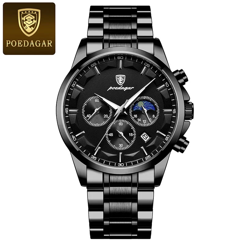 POEDAGAR Men's Luminous Moon Phase Quartz Watch