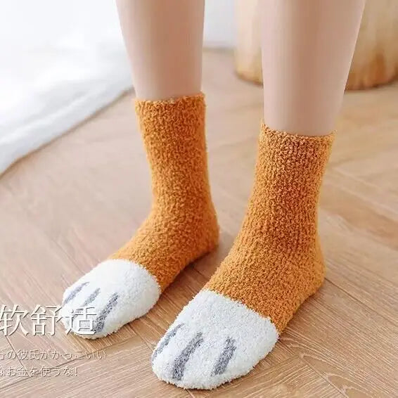 Cute Cat Paw Pattern Plush Winter Socks for Women