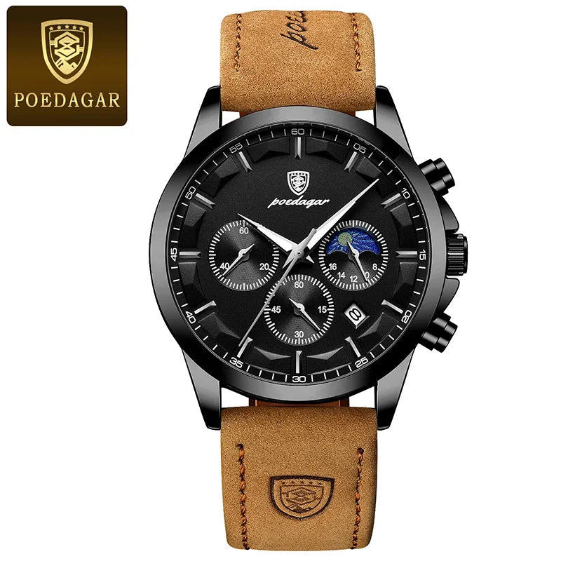 POEDAGAR Men's Luminous Moon Phase Quartz Watch