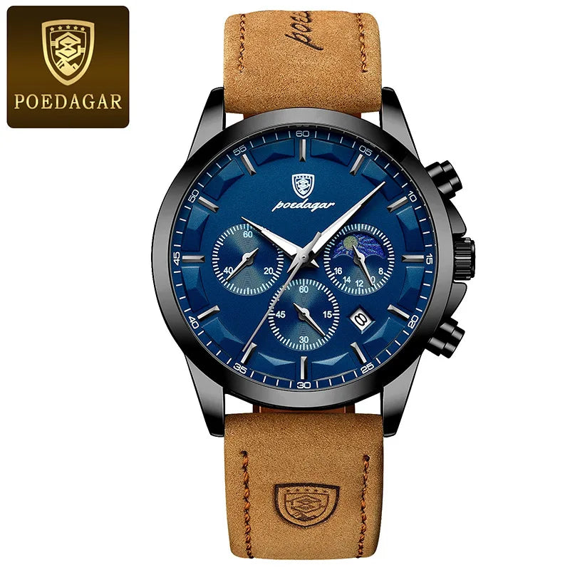 POEDAGAR Men's Luminous Moon Phase Quartz Watch