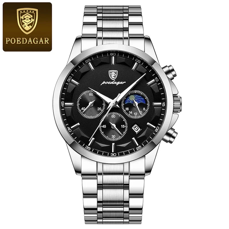 POEDAGAR Men's Luminous Moon Phase Quartz Watch