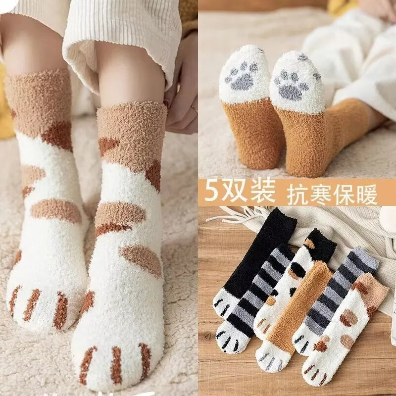 Cute Cat Paw Pattern Plush Winter Socks for Women