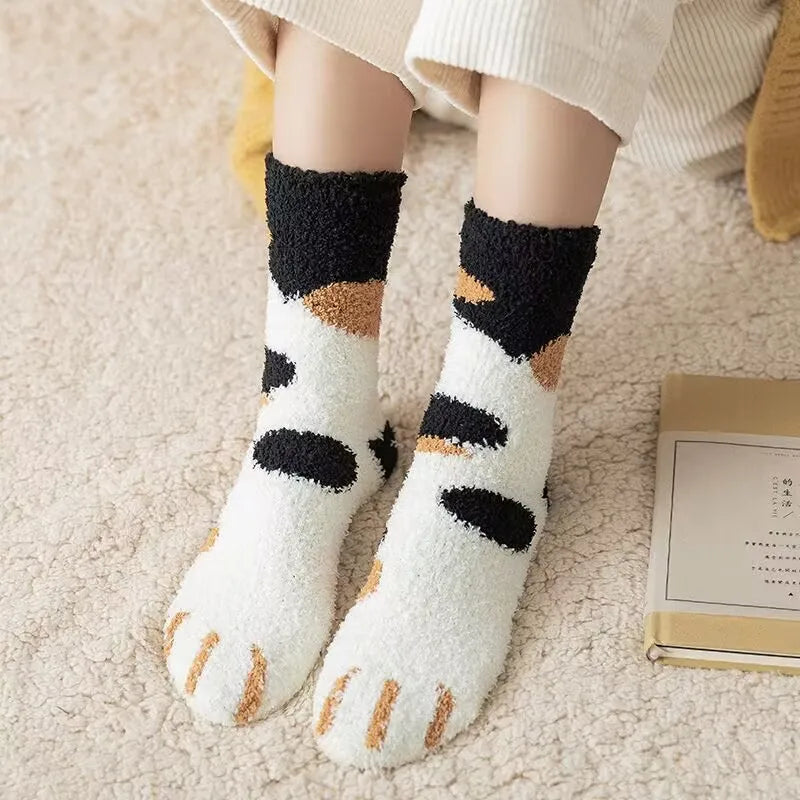 Cute Cat Paw Pattern Plush Winter Socks for Women