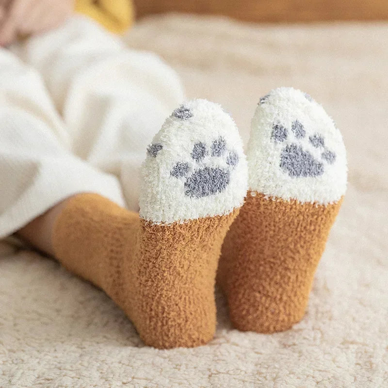 Cute Cat Paw Pattern Plush Winter Socks for Women