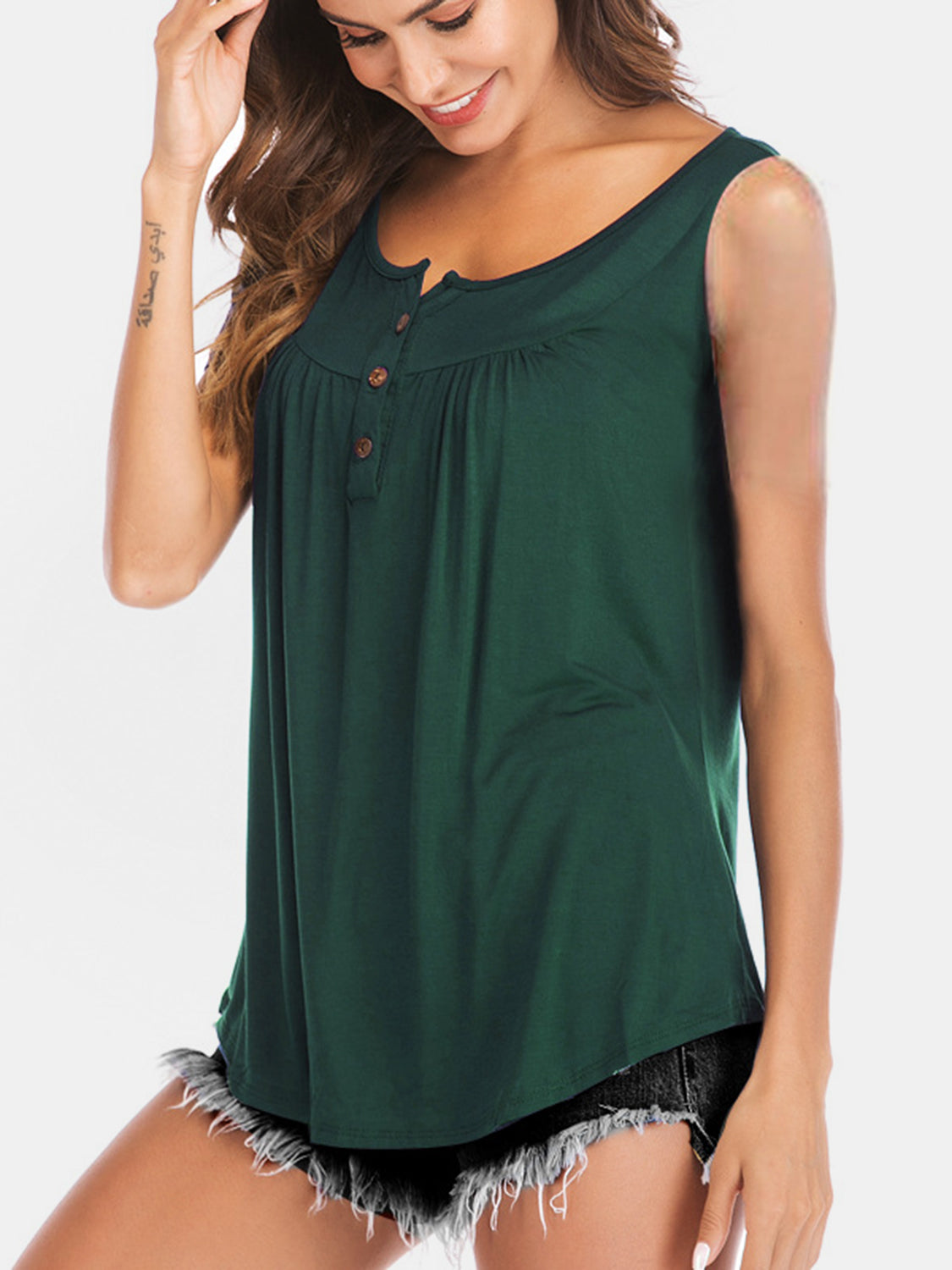 Curved Hem Ruched Notched Tank