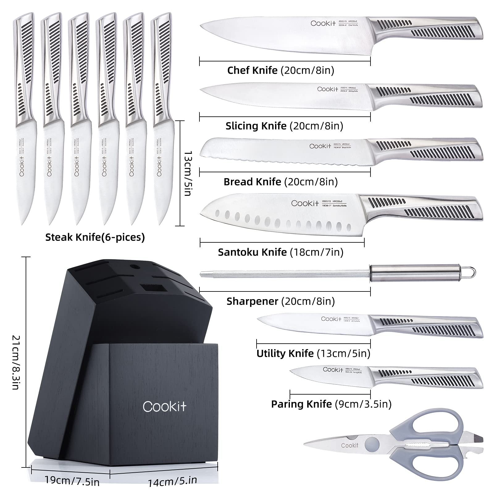 15-Piece Kitchen Knife Set with Block & Sharpener