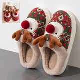 Cute Christmas Elk Plush Slippers in Green