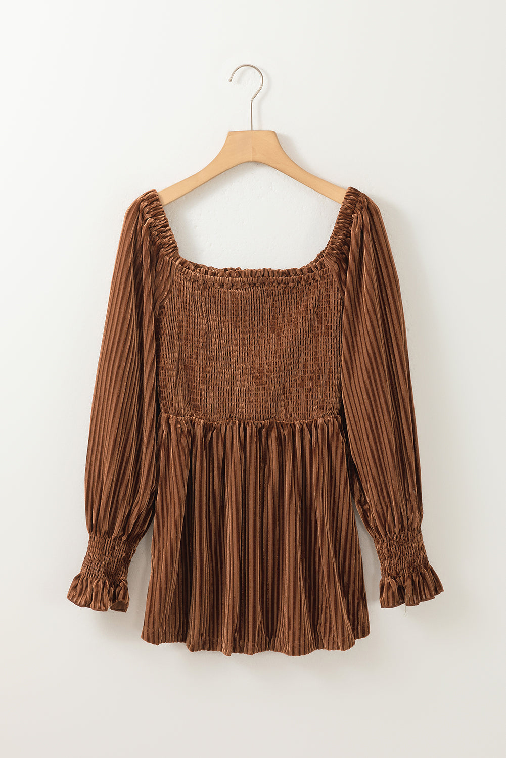 Smocked Ribbed Velvet Babydoll Top