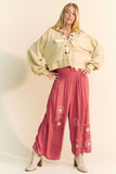 Davi & Dani Smocked Waist Flower Patch Wide Leg Pants