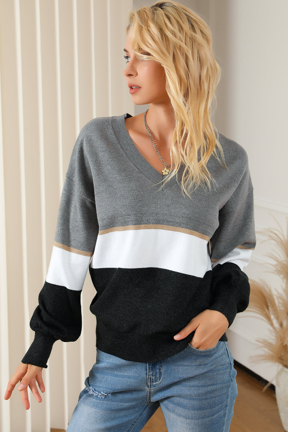 Color Block V Neck Long Sleeve Sweater