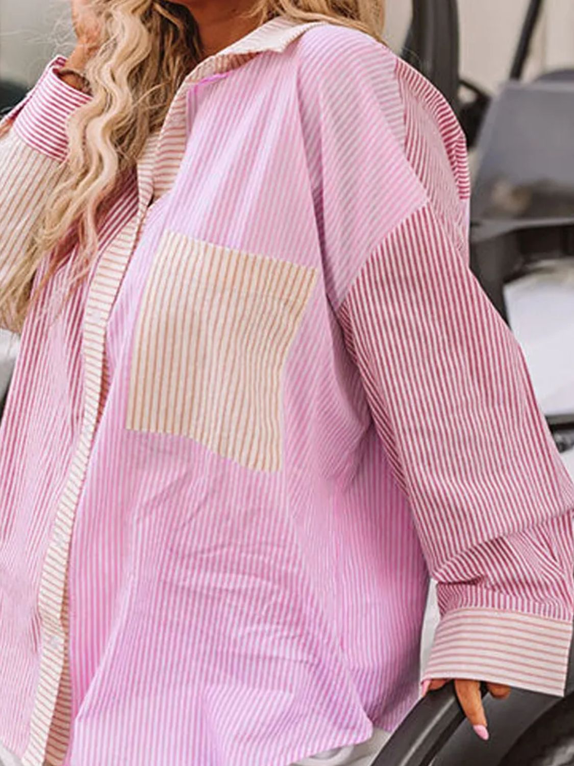 Plus Size Striped Collared Neck Long Sleeve Shirt