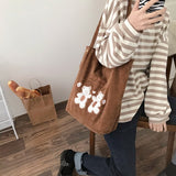 Corduroy Shoulder Bag with Bear Embroidery