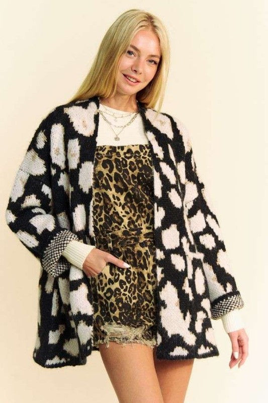 Davi & Dani Leopard Open Front Long Sleeve Cardigan