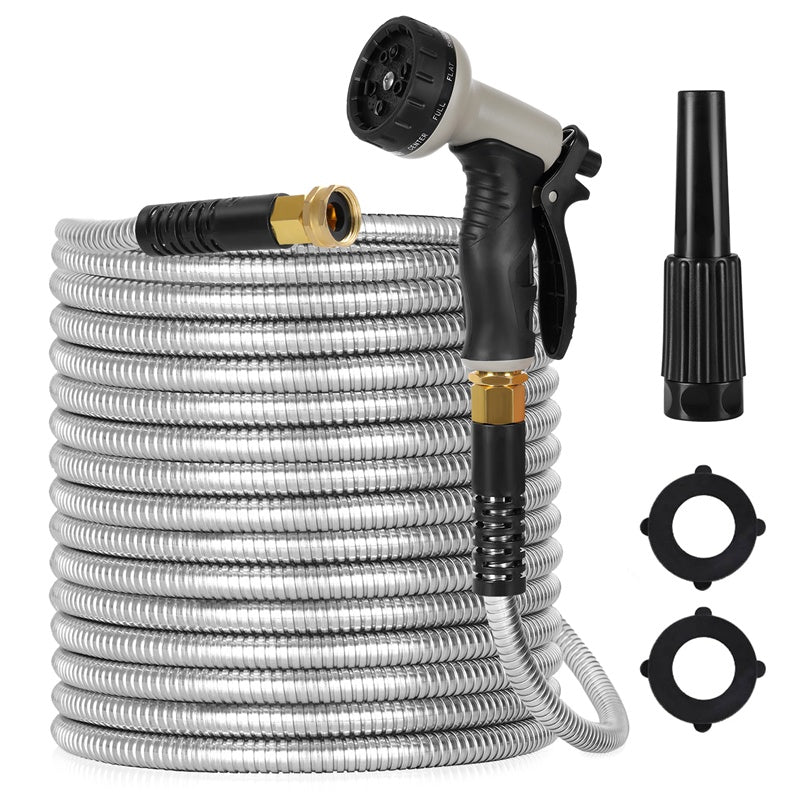 100ft Stainless Steel Garden Hose with Spray Nozzle