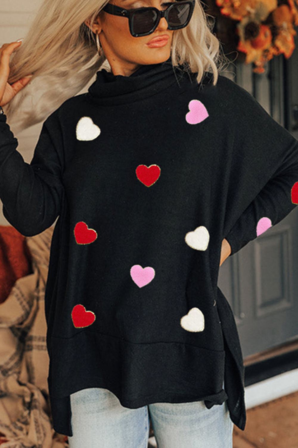 Valentine’s Day Heart Patched Turtleneck Long Sleeve Top