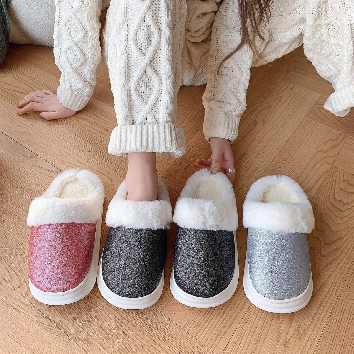 Frosted Sequined Plush Slippers for Couples